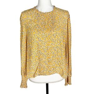 Zara Yellow Daisy Print Pleated Front‎ Long Sleeve Blouse Top Size L Viscose